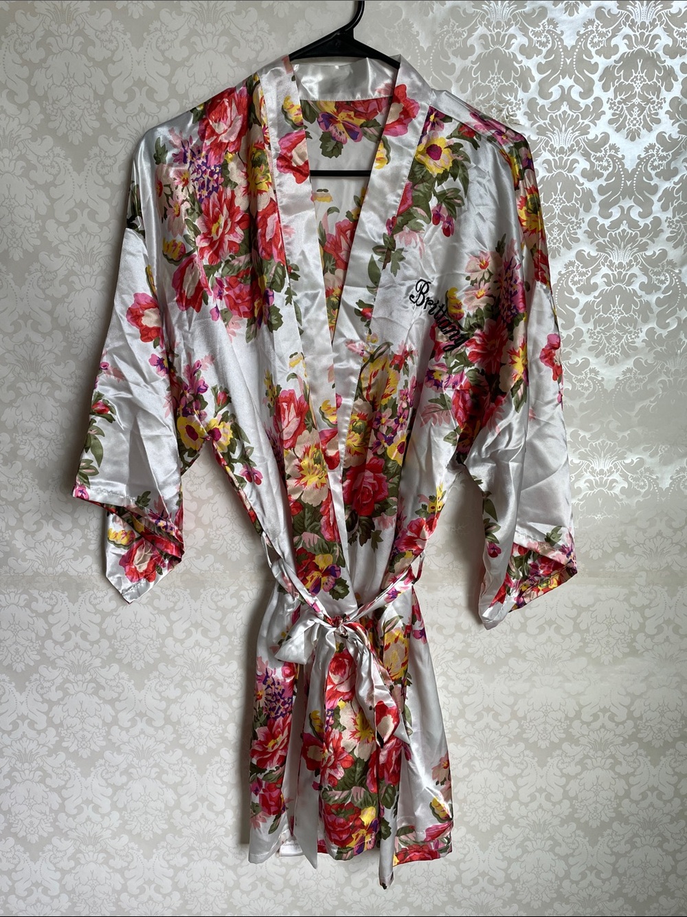 Floral Satin Kimono Robe in White with Pink & Red Flowers